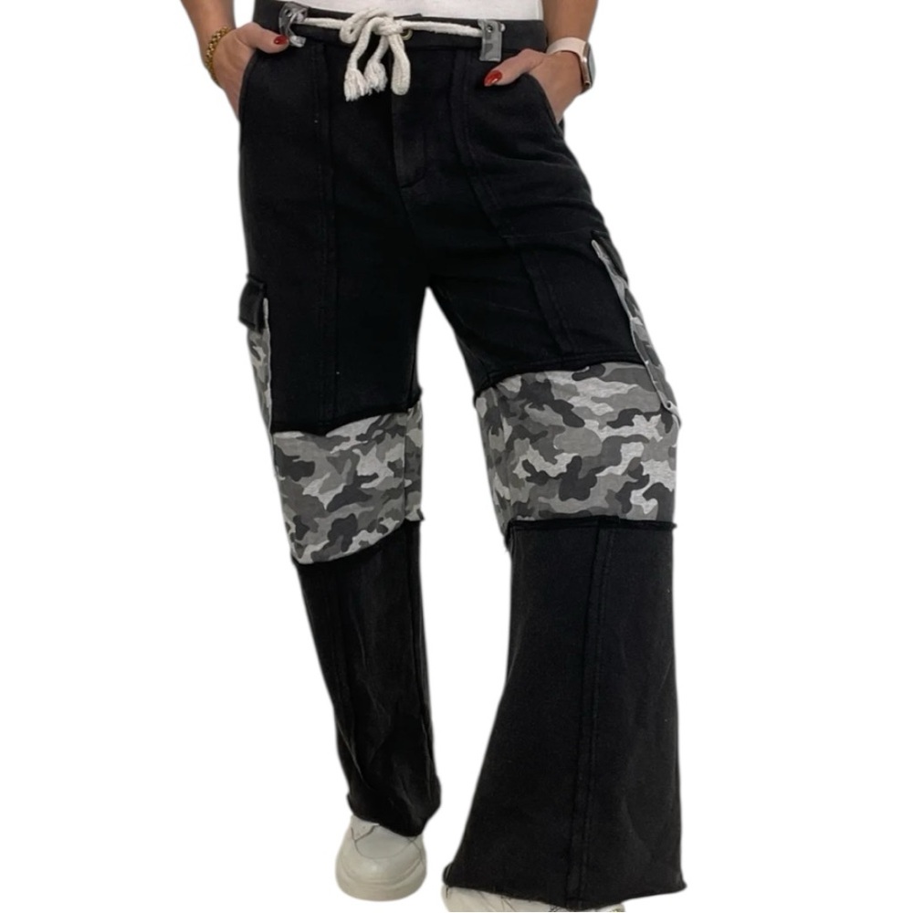 POL Black Wide-Leg Joggers with Gray Camo Panels